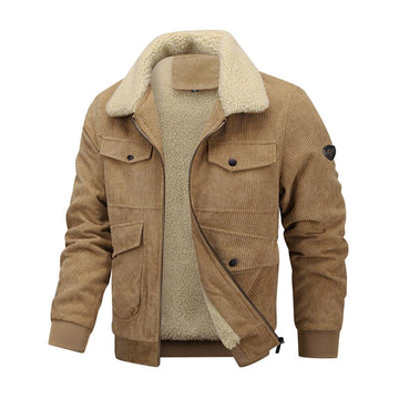 Men's Casual Lapel Corduroy Thickened Lambswool Multi-Pocket Zipper Jacket 14154496M